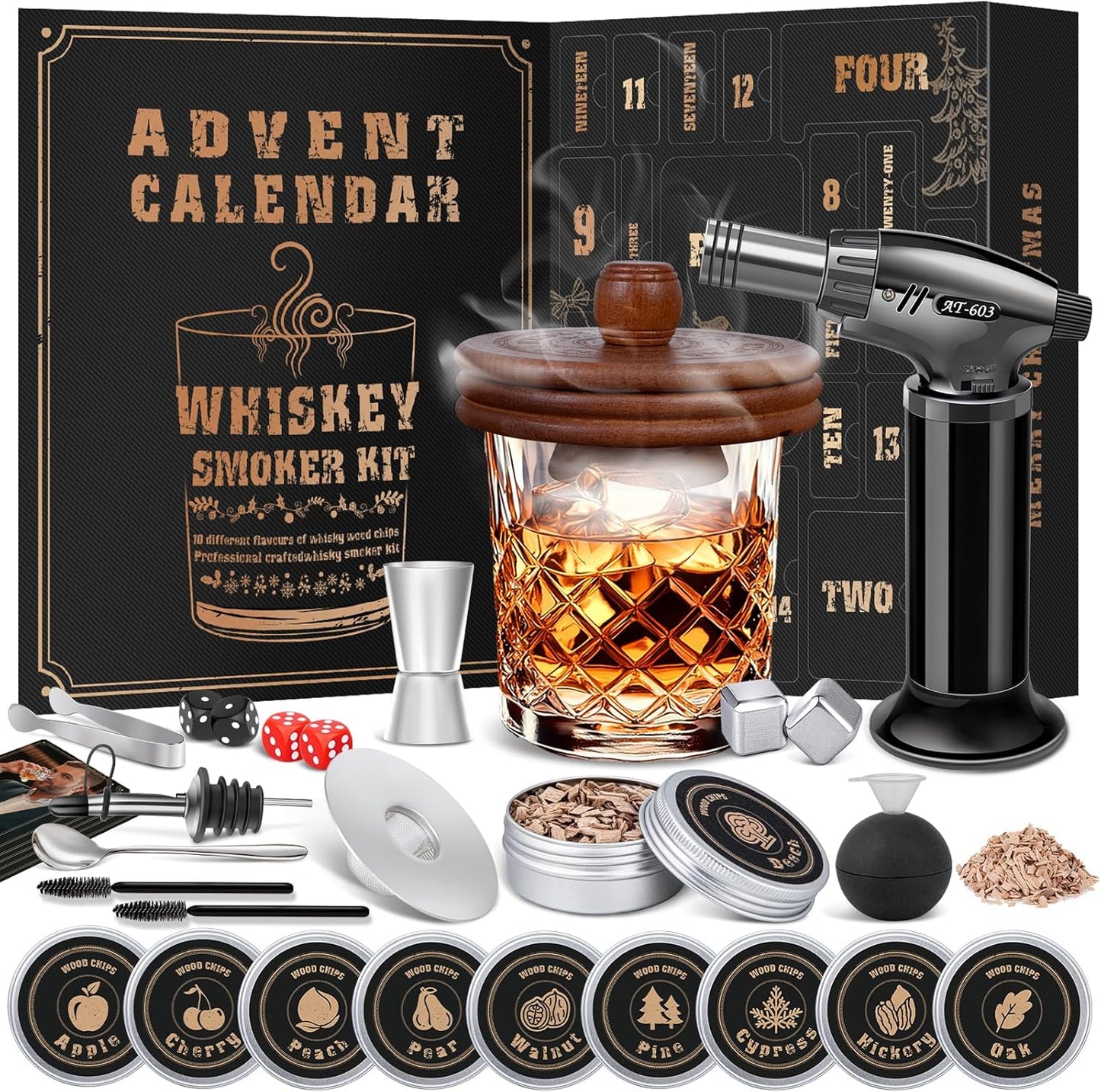 Whiskey Advent Calendar 2025 for Men, 24-Day Bourbon Smoker Infuser Kit for Cocktail and whisky Lovers, Perfect Christmas and Holiday Gift for Husband, Dad, Boyfriend, Him(NO BUTANE,GLASS)