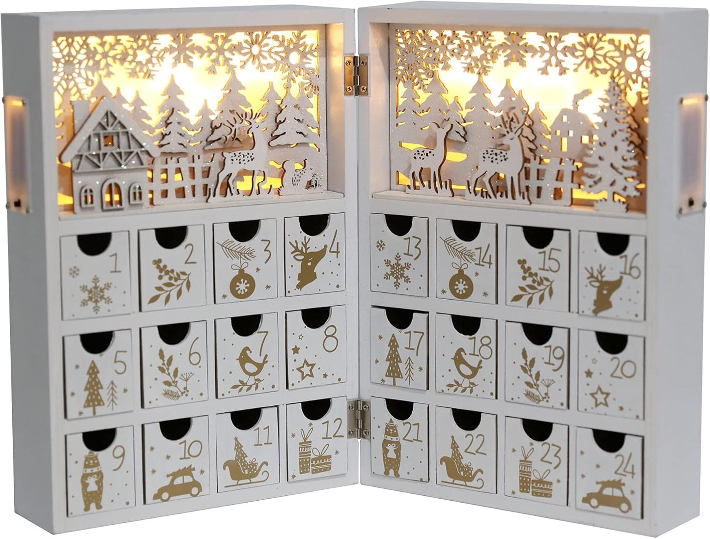 Wooden Advent Calendar Book with LEDs White & Gold Christmas Reindeer Countdown Holiday Gifts with 24 Drawers