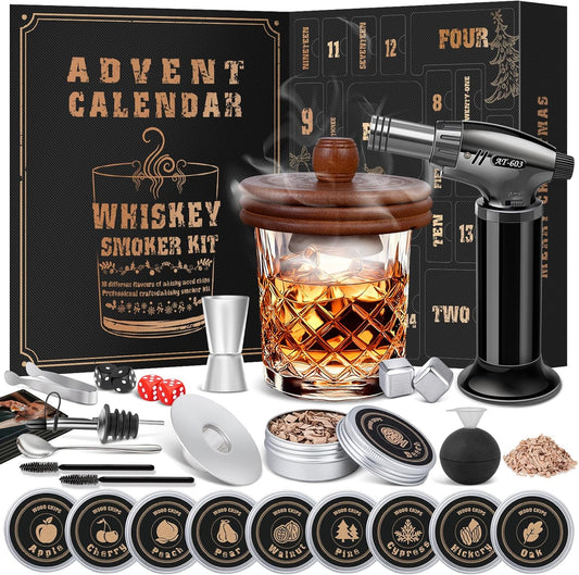Whiskey Advent Calendar 2025 for Men, 24-Day Bourbon Smoker Infuser Kit for Cocktail and whisky Lovers, Perfect Christmas and Holiday Gift for Husband, Dad, Boyfriend, Him(NO BUTANE,GLASS)