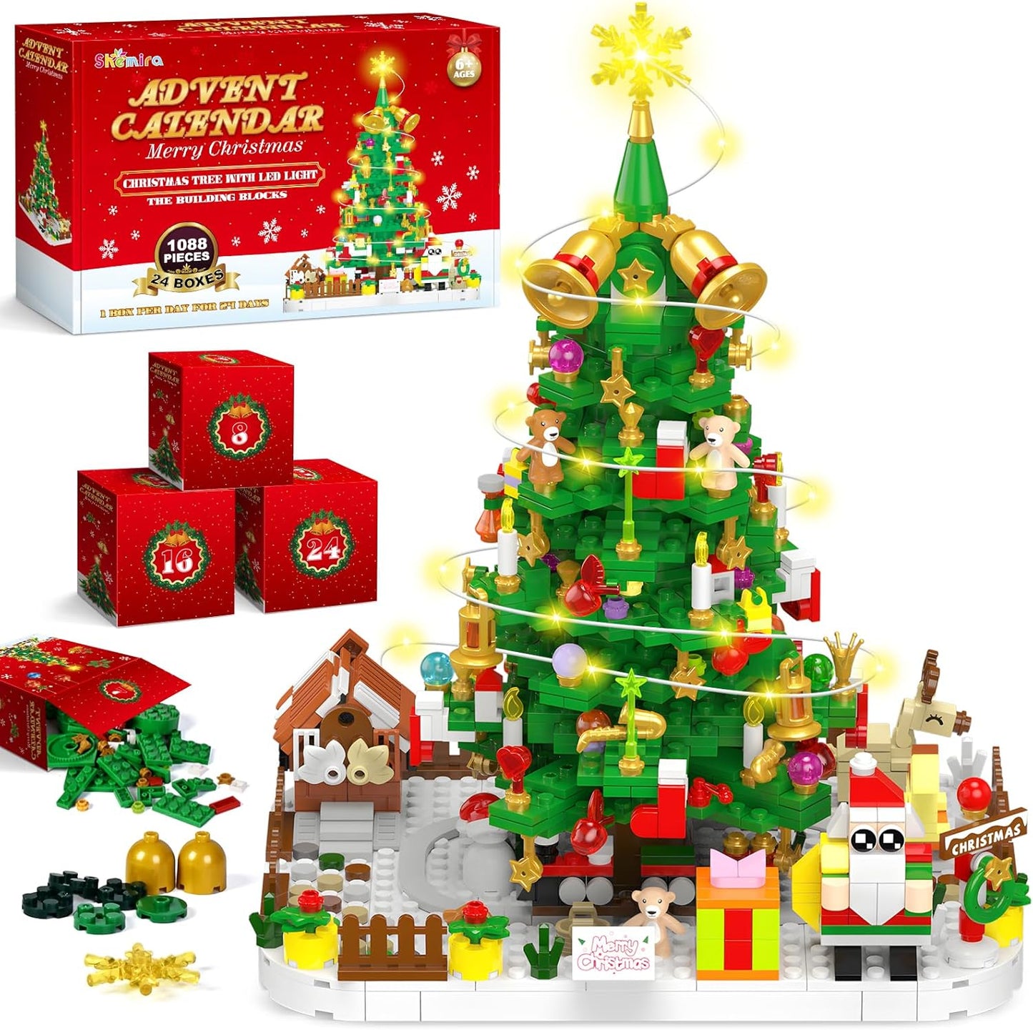 Shemira Advent Calendar 2025 Christmas Tree Building Toy Set with LED light, 24 Days Christmas Countdown Calendar Building Blocks