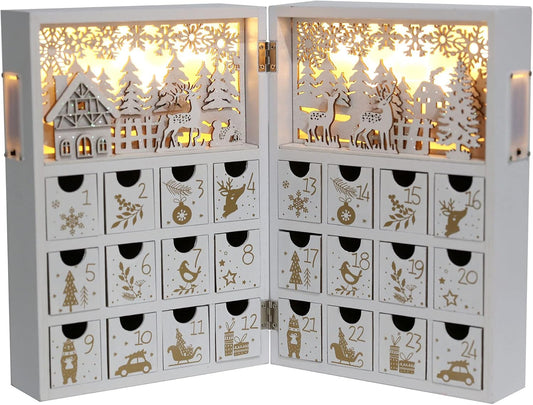 Wooden Advent Calendar Book with LEDs White & Gold Christmas Reindeer Countdown Holiday Gifts with 24 Drawers